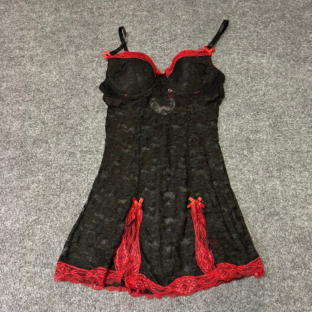Native Intimates Babydoll Womens Size S Black Red Lace Sheer Bow Trim Chemise